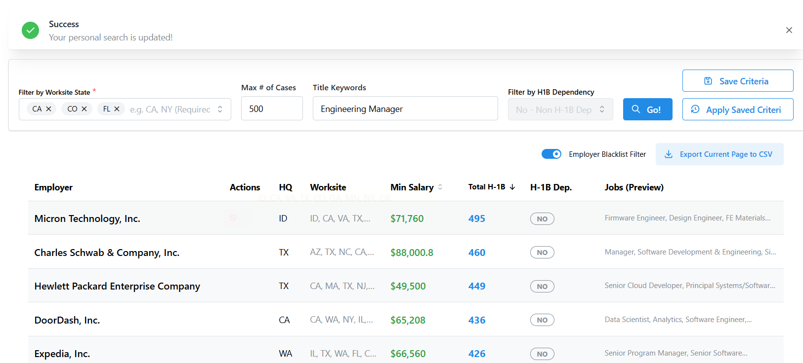 Advanced filter interface for H-1B search by role, location, H-1B case size